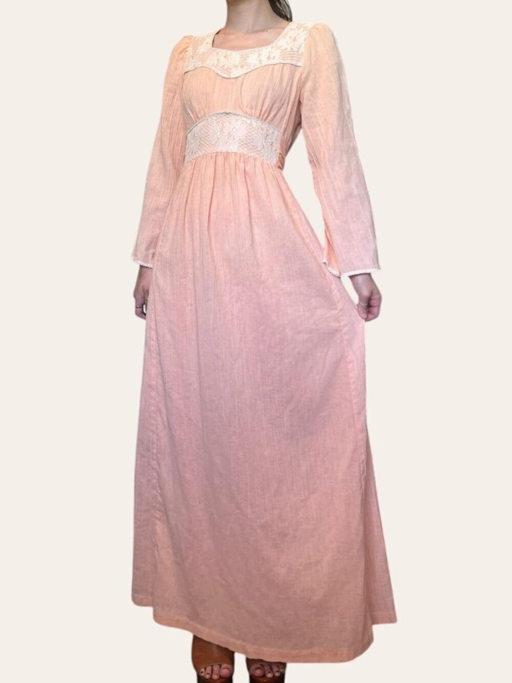 Handmade 70s vintage peach lace cottagecore maxi dress - XS/Small/Medium - Picture 2 of 6